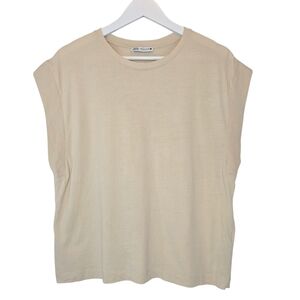 ZARA Ribbed Sleeve Muscle Tee Women’s Sz Medium Beige Minimalist Cotton Tank Y2K